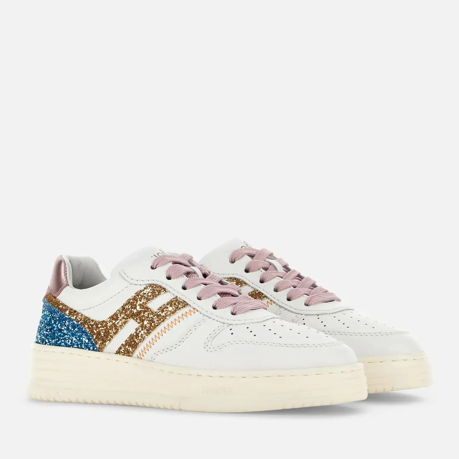 Hogan Basket*Hogan Sneakers H630 Blanc/ Dore/ Bleu Ciel